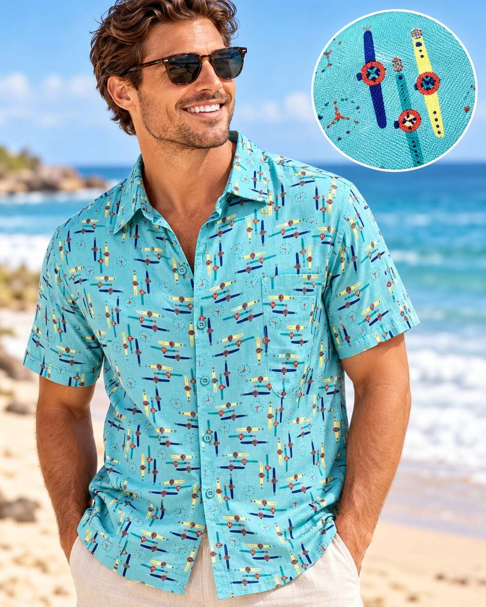 2XL Vintage Silk Watch Print Short Sleeve Button Up Shirt